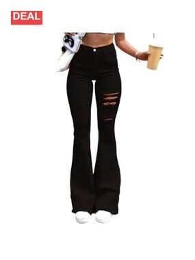 High Waisted Ripped Flare Bootcut Jeans Snug Fit Distressed Denim